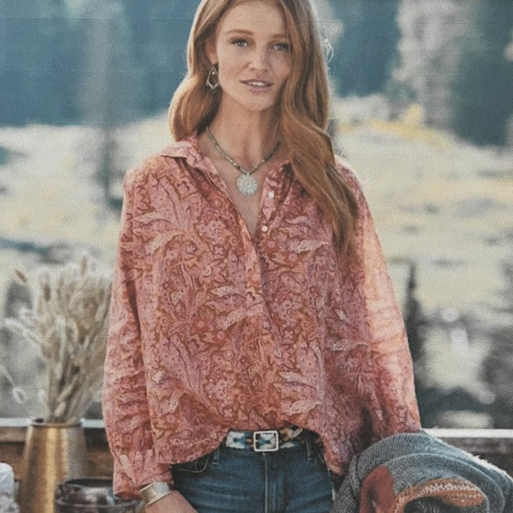 Sundance Cotton Popover Pink and Tan Paisley Floral Shirt Size XL-NEW W/O Tags
